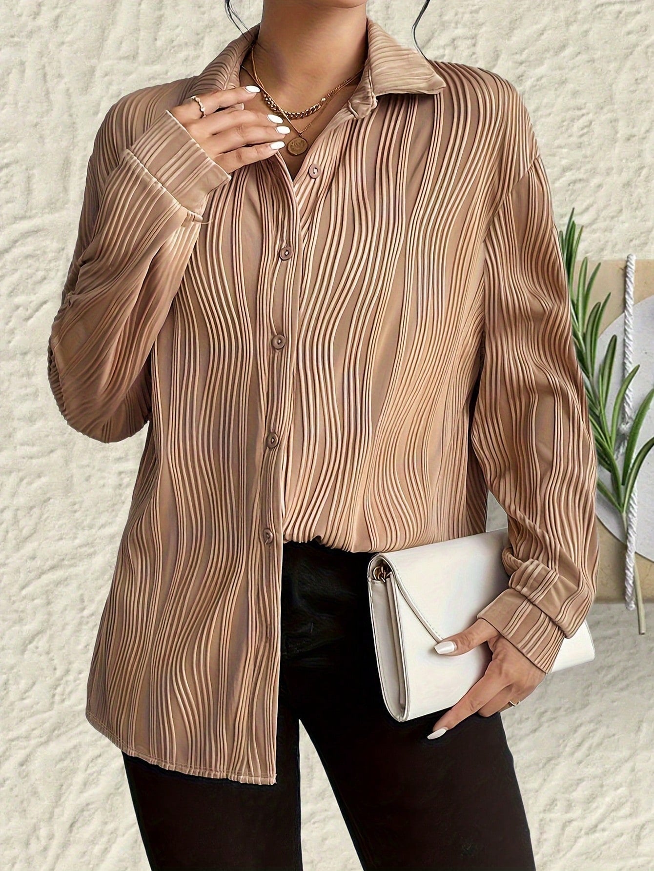 Votanila Fashionable Women's Shirt With Fold-down Collar And Button Texture
