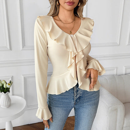 Votanila V-neck Flounce Slim Fit Slimming T-shirt For Women