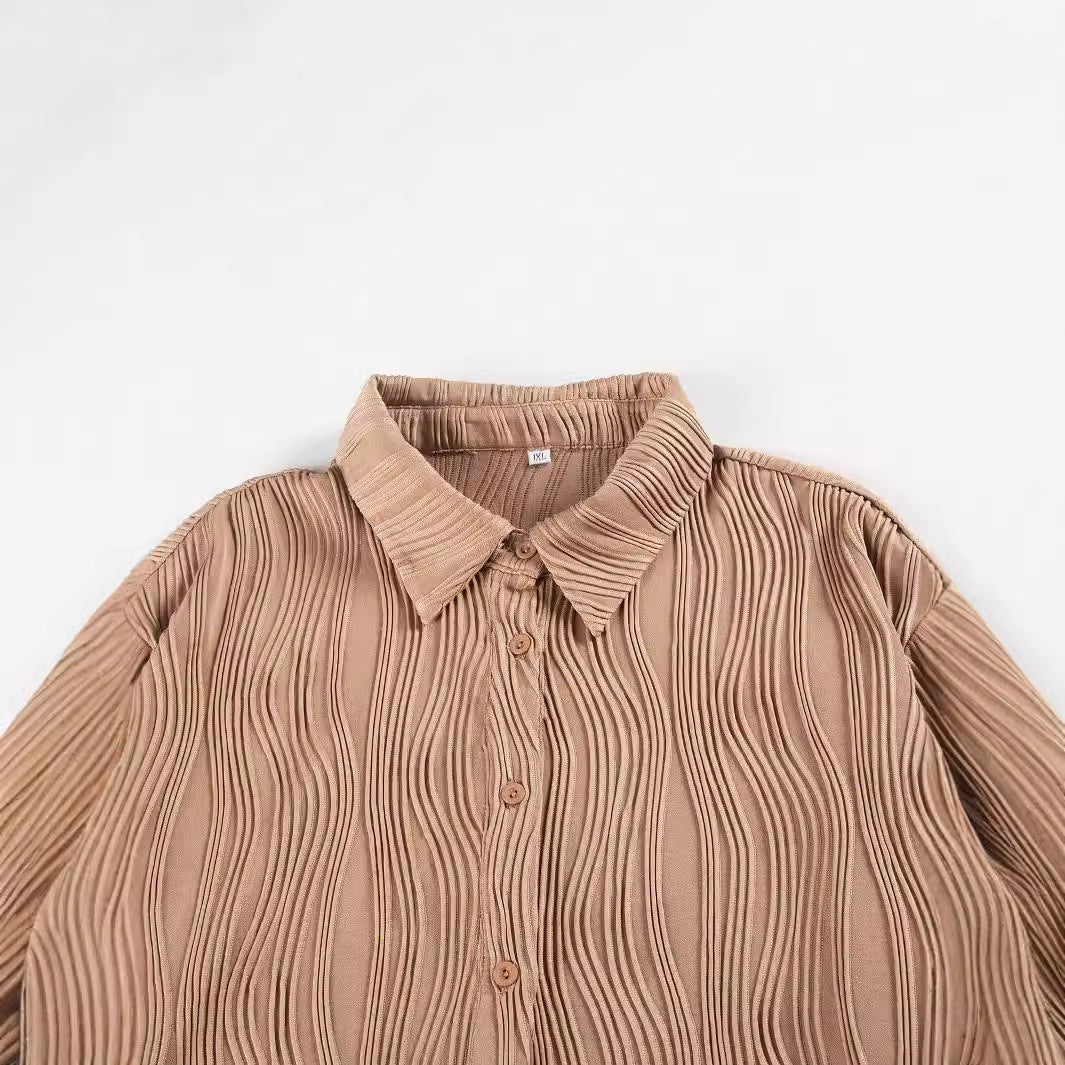 Votanila Fashionable Women's Shirt With Fold-down Collar And Button Texture