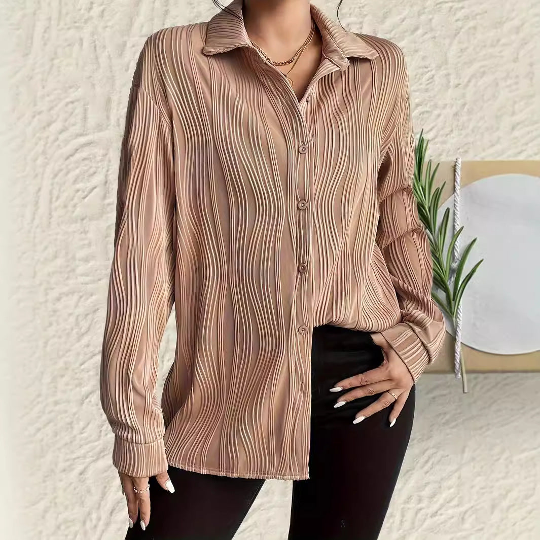 Votanila Fashionable Women's Shirt With Fold-down Collar And Button Texture
