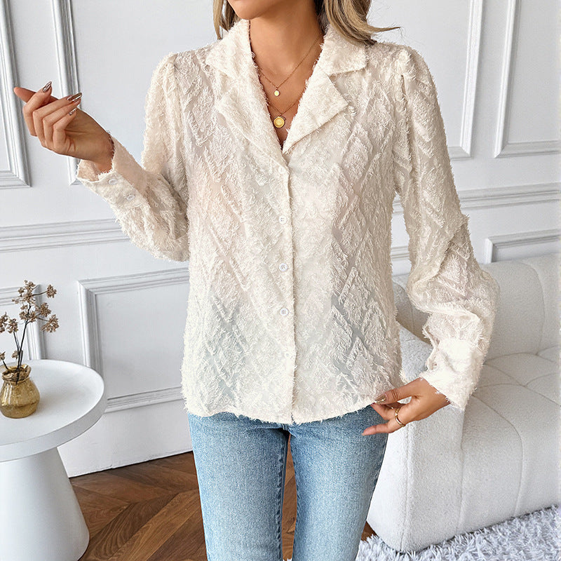 Votanila Diamond Lattice Suit Collar Cardigan Long Sleeve Shirt