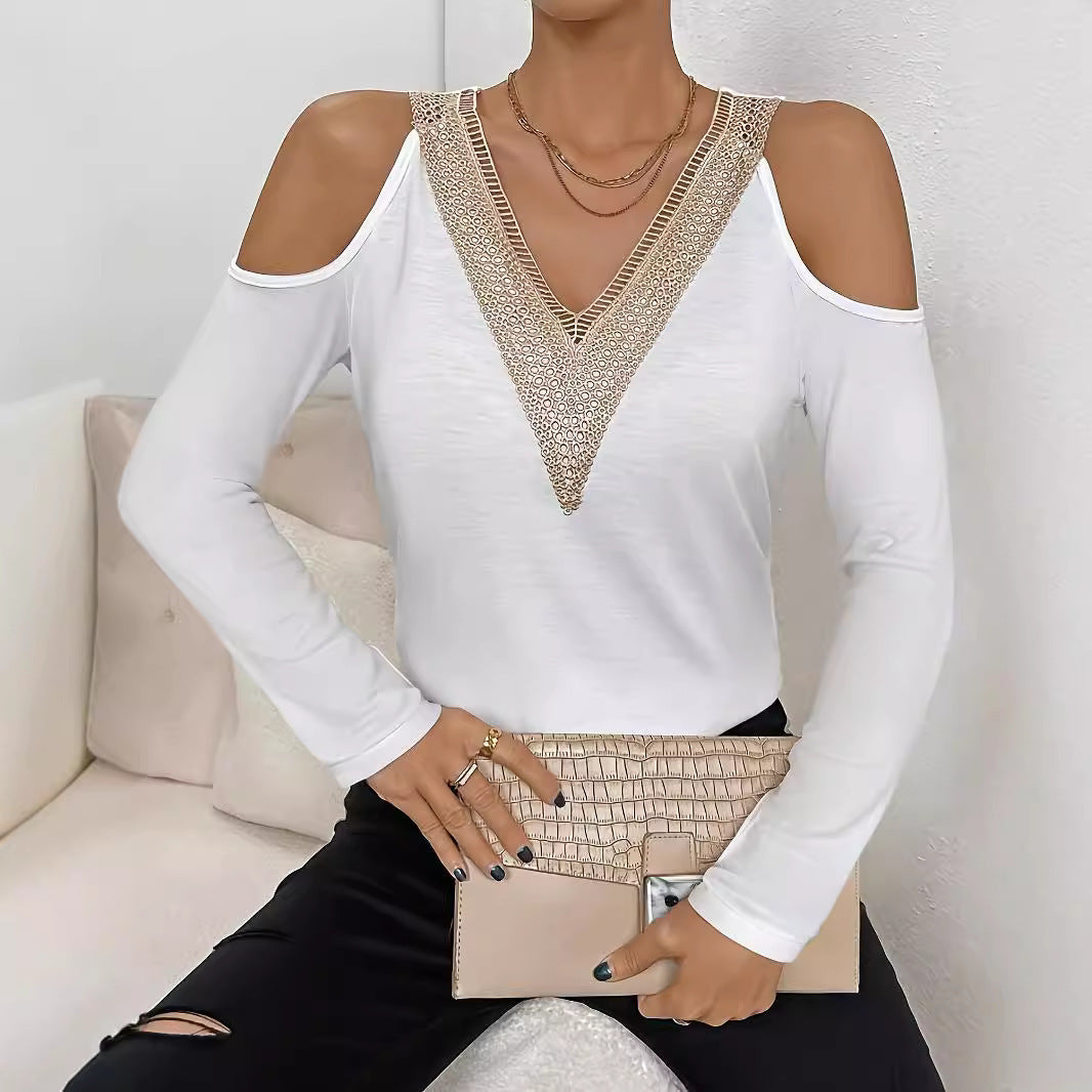 Votanila Hollowed-out Solid Color T-shirt for Women