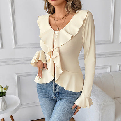 Votanila V-neck Flounce Slim Fit Slimming T-shirt For Women