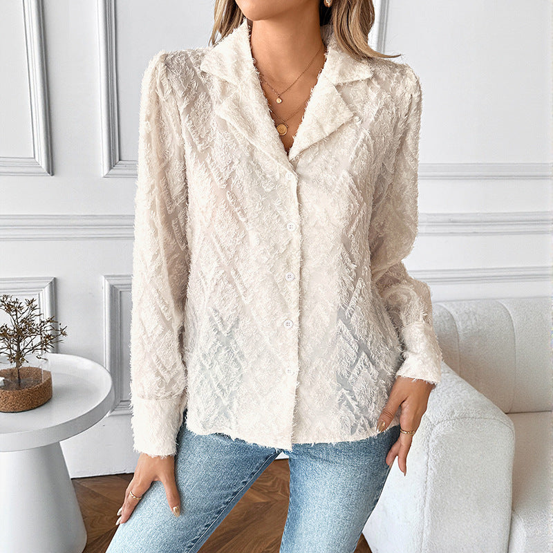 Votanila Diamond Lattice Suit Collar Cardigan Long Sleeve Shirt
