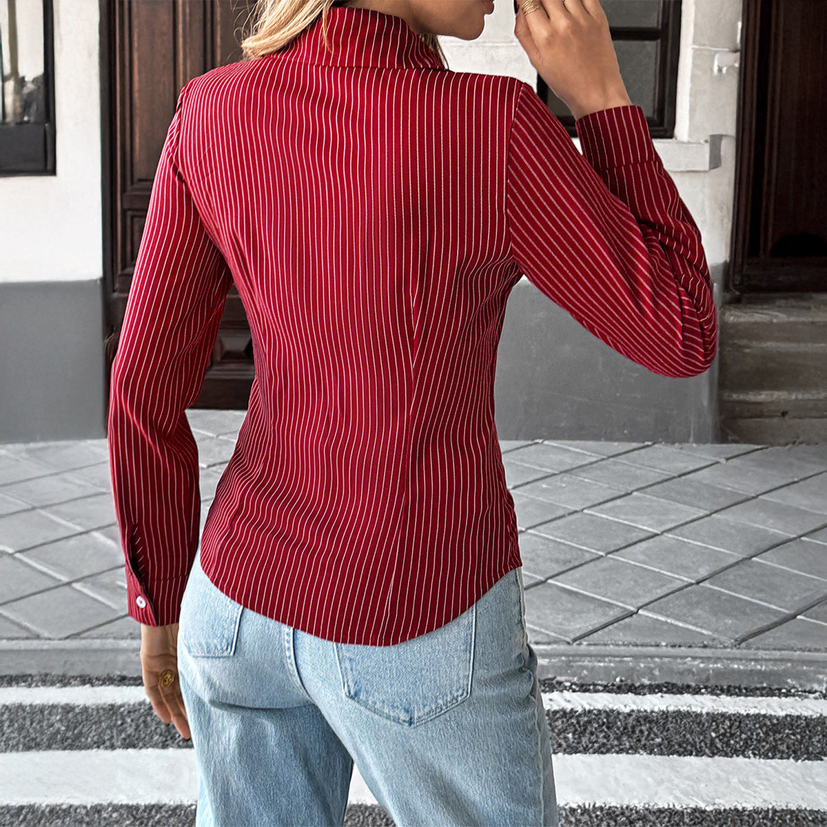Votanila Casual Style Polo Collar Striped Shirt Women's Clothing