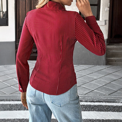 Votanila Casual Style Polo Collar Striped Shirt Women's Clothing